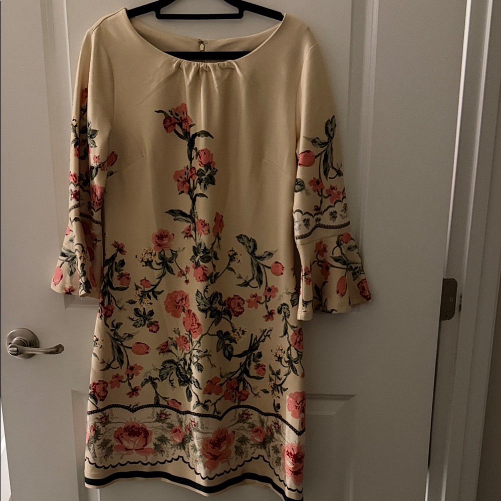 New York & Company Cream and Pink Floral Long Sleeve Dress